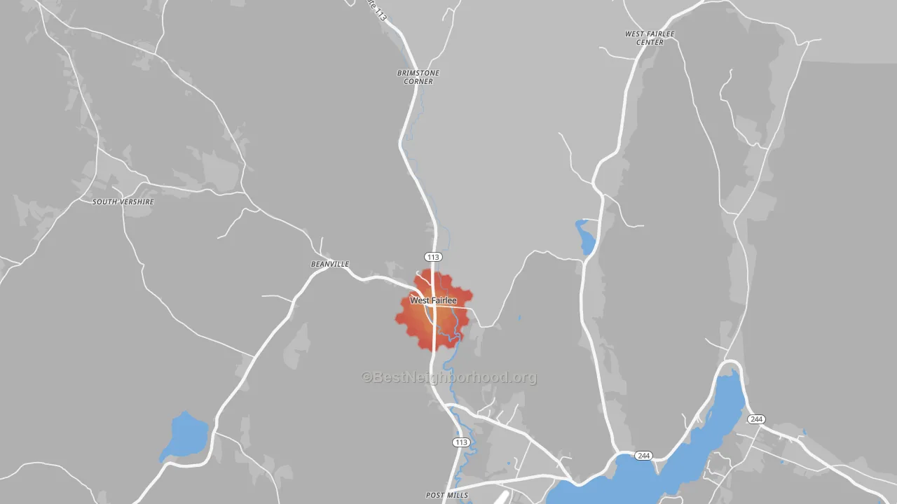 Walk Grade map of West Fairlee, VT, walkable areas in green and car-dependent areas in red