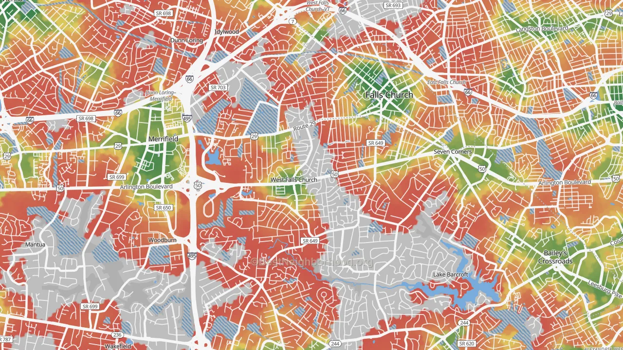 Walk Grade map of West Falls Church, VA, walkable areas in green and car-dependent areas in red