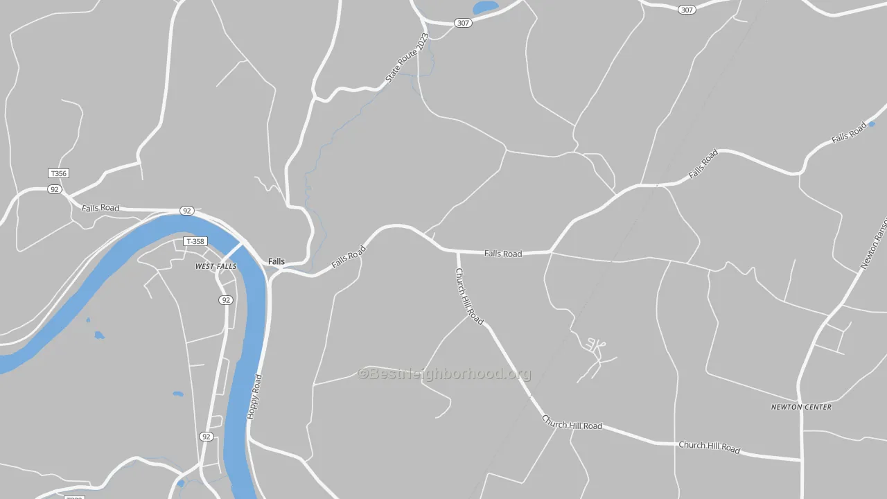 Walk Grade map of West Falls, PA, walkable areas in green and car-dependent areas in red