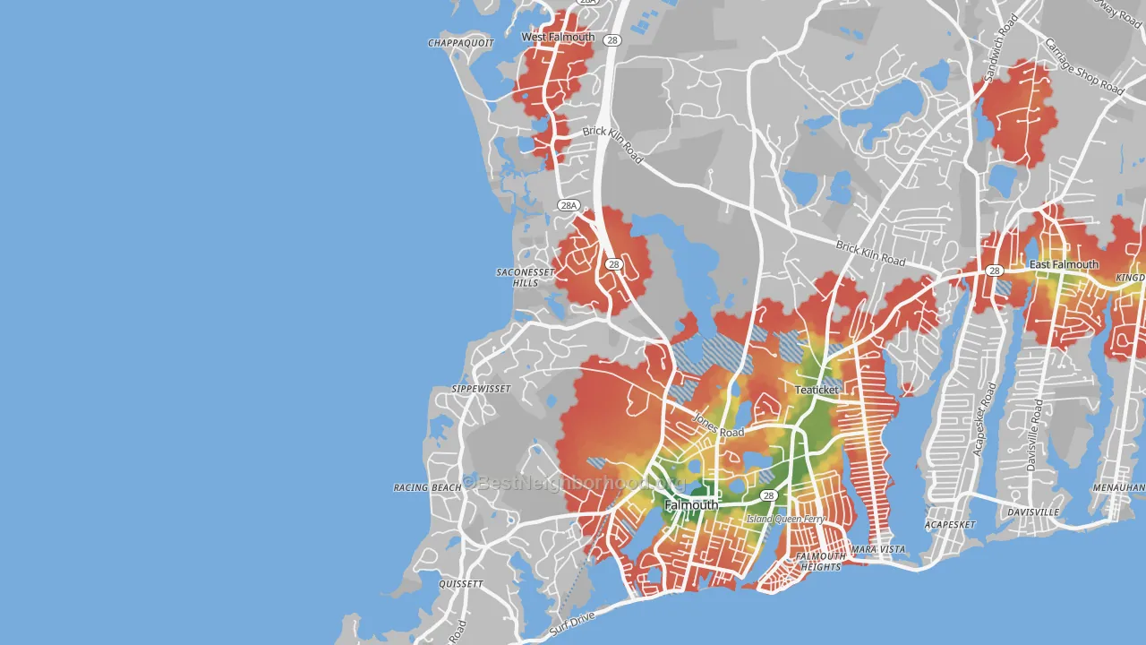 Walk Grade map of West Falmouth, MA, walkable areas in green and car-dependent areas in red