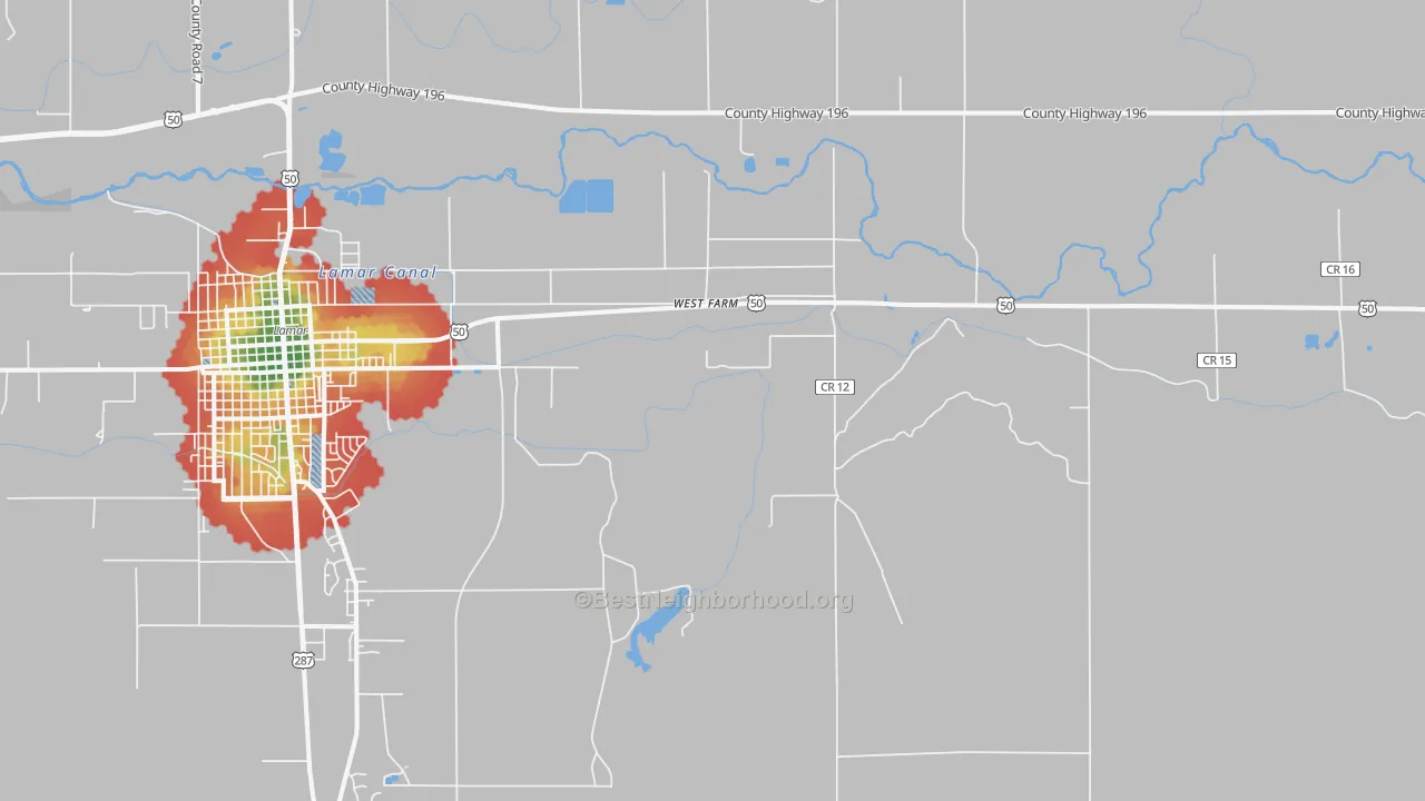 Walk Grade map of West Farm, CO, walkable areas in green and car-dependent areas in red
