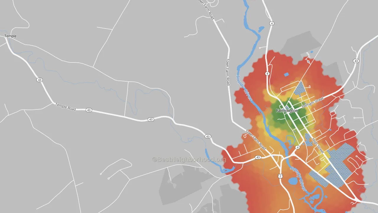 Walk Grade map of West Farmington, ME, walkable areas in green and car-dependent areas in red
