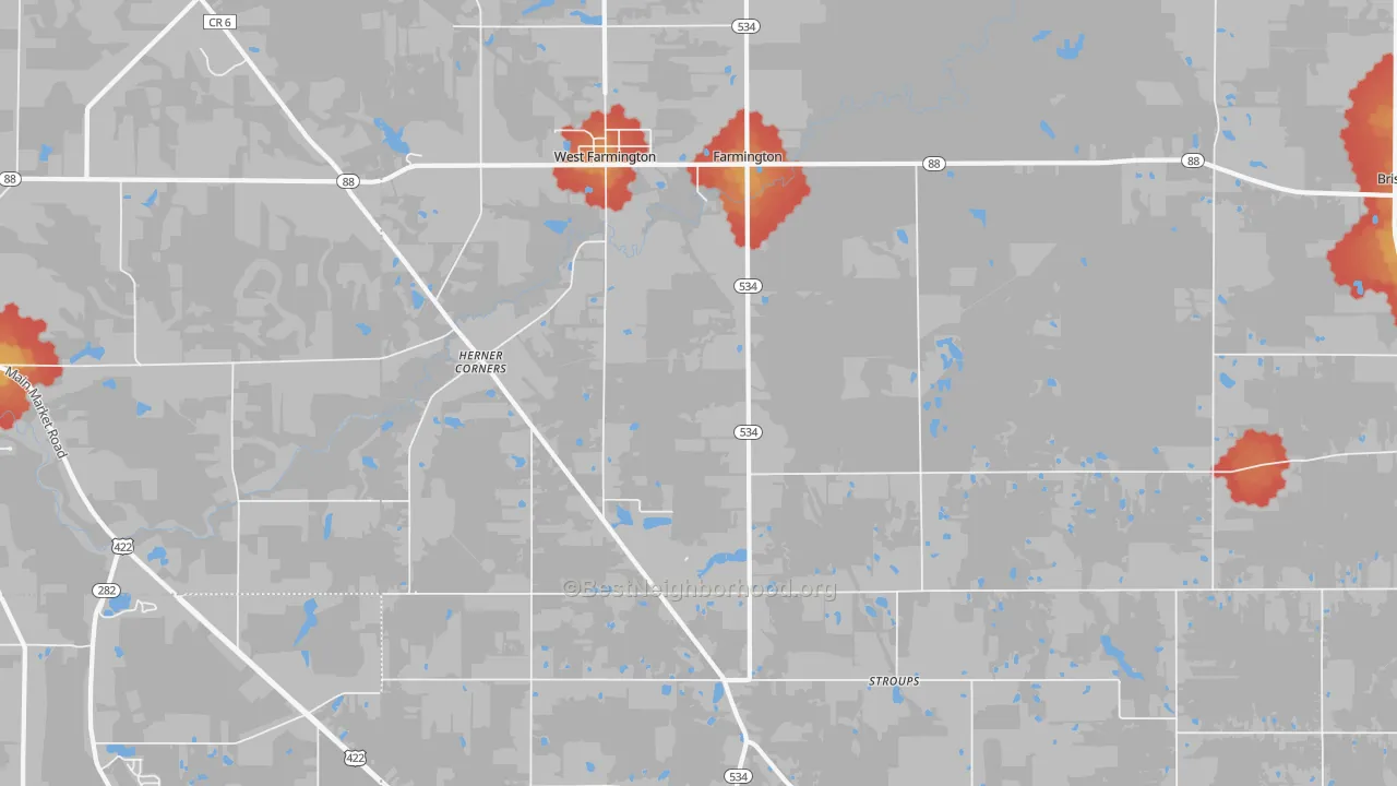 Walk Grade map of West Farmington, OH, walkable areas in green and car-dependent areas in red