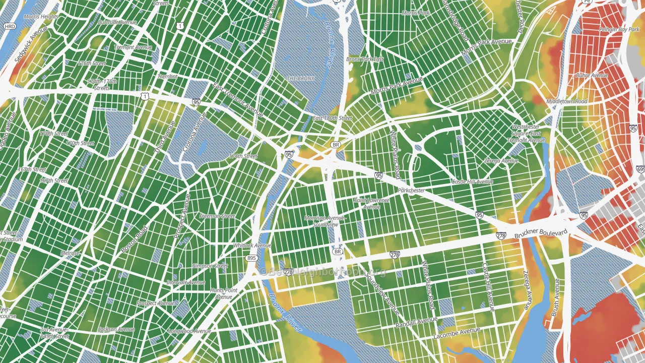 Walk Grade map of West Farms, Bronx, NY, walkable areas in green and car-dependent areas in red