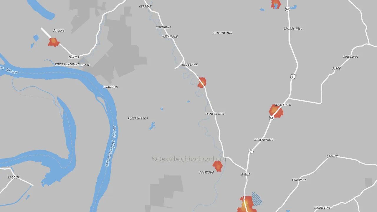Walk Grade map of West Feliciana Parish, LA, walkable areas in green and car-dependent areas in red