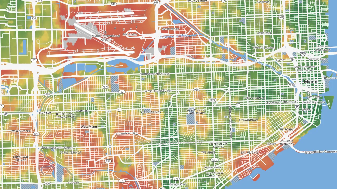 Walk Grade map of West Flagler, Miami, FL, walkable areas in green and car-dependent areas in red