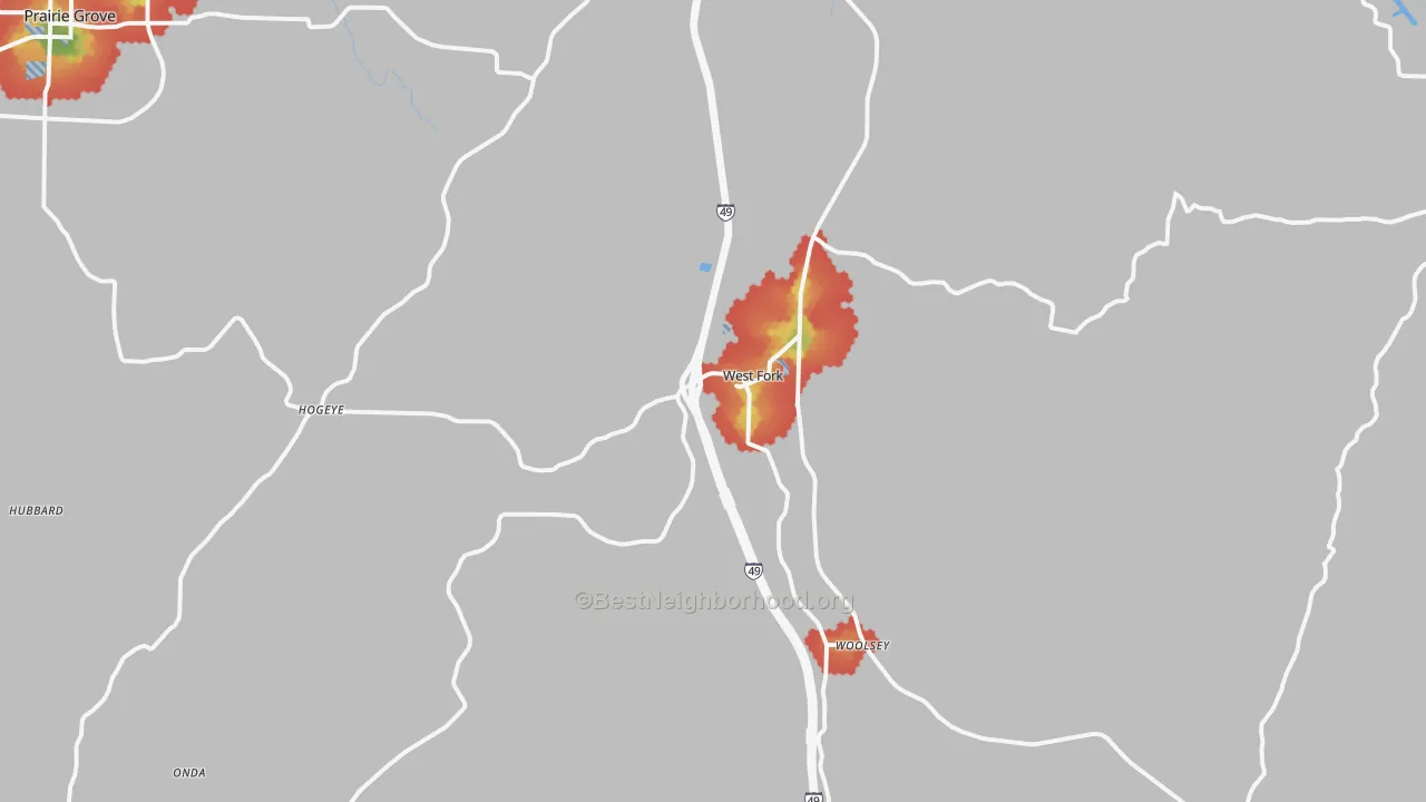 Walk Grade map of West Fork, AR, walkable areas in green and car-dependent areas in red