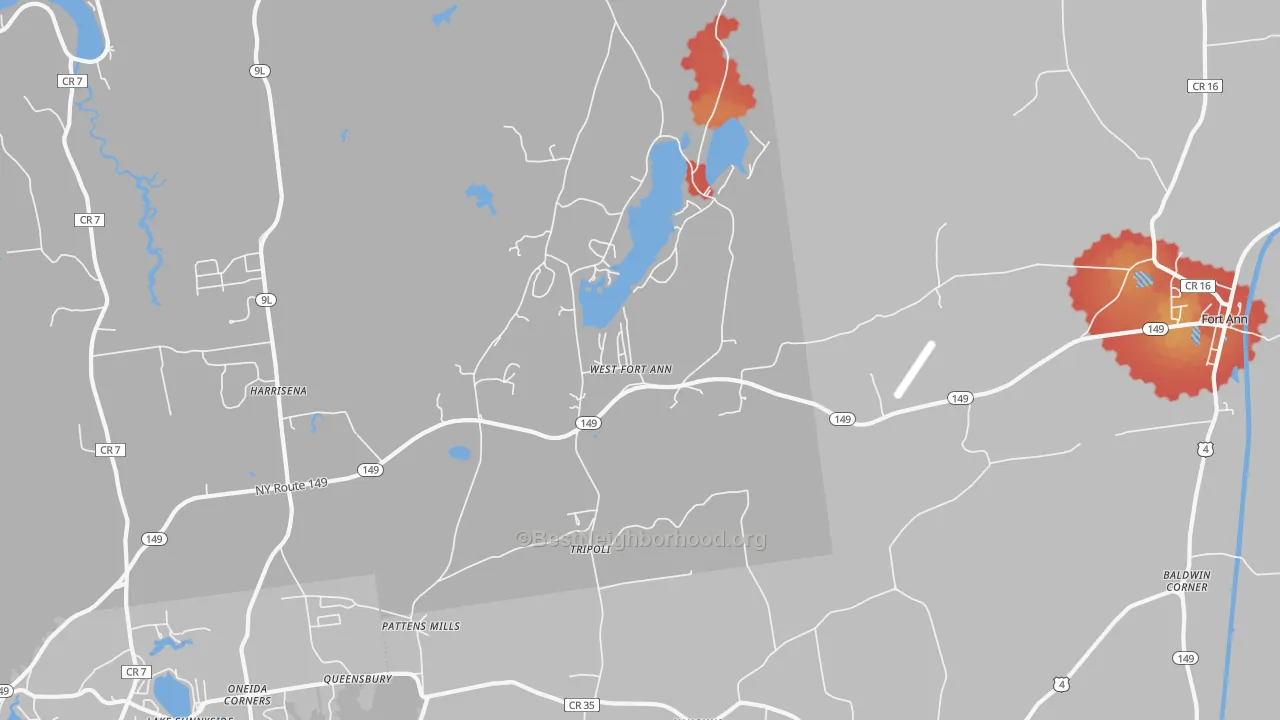 Walk Grade map of West Fort Ann, NY, walkable areas in green and car-dependent areas in red