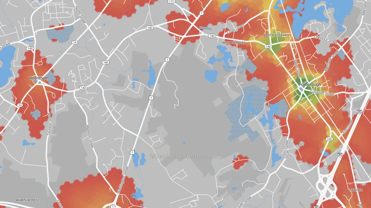 Walk Grade map of West Foxboro, MA, walkable areas in green and car-dependent areas in red