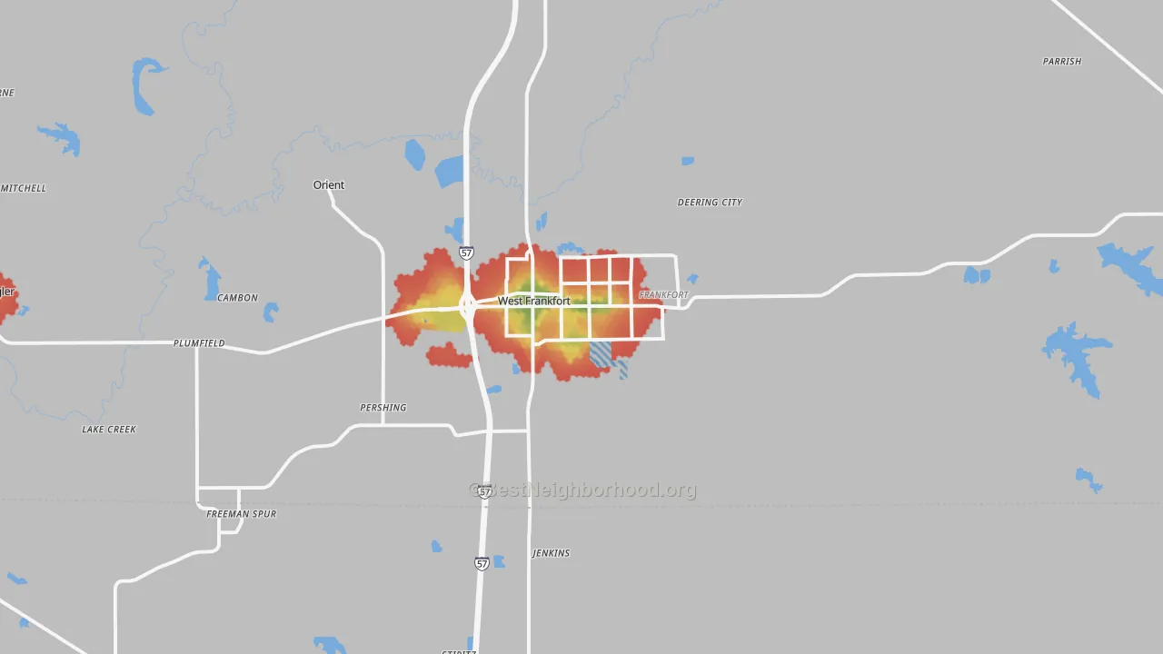 Walk Grade map of West Frankfort, IL, walkable areas in green and car-dependent areas in red