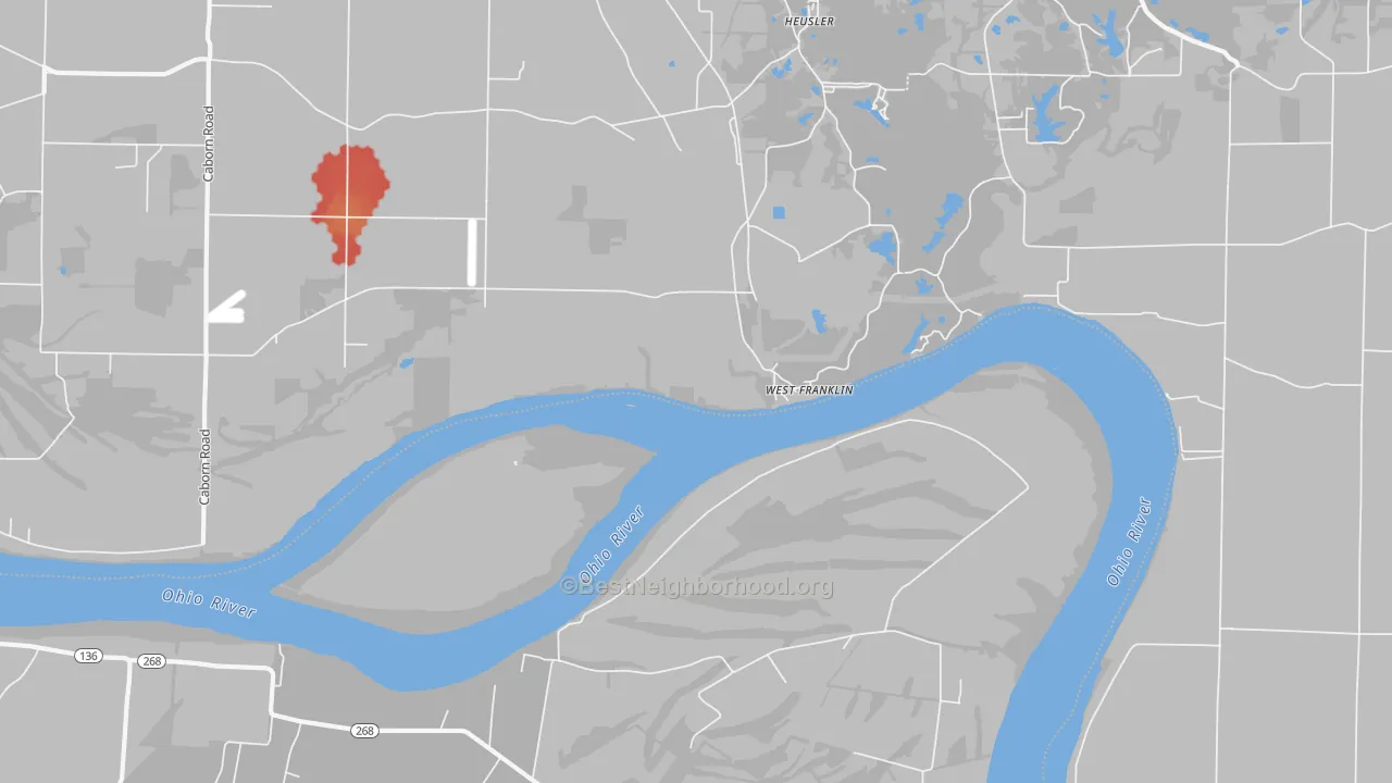 Walk Grade map of West Franklin, IN, walkable areas in green and car-dependent areas in red