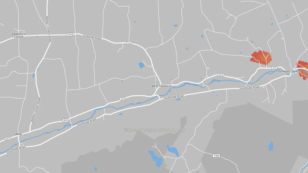 Walk Grade map of West Franklin, PA, walkable areas in green and car-dependent areas in red
