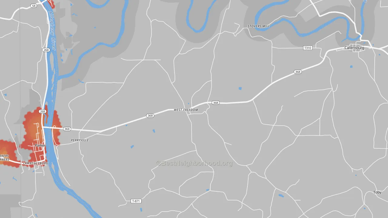 Walk Grade map of West Freedom, PA, walkable areas in green and car-dependent areas in red