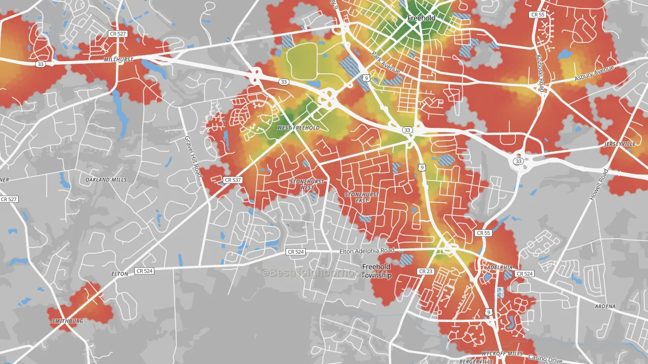 Walk Grade map of West Freehold, NJ, walkable areas in green and car-dependent areas in red