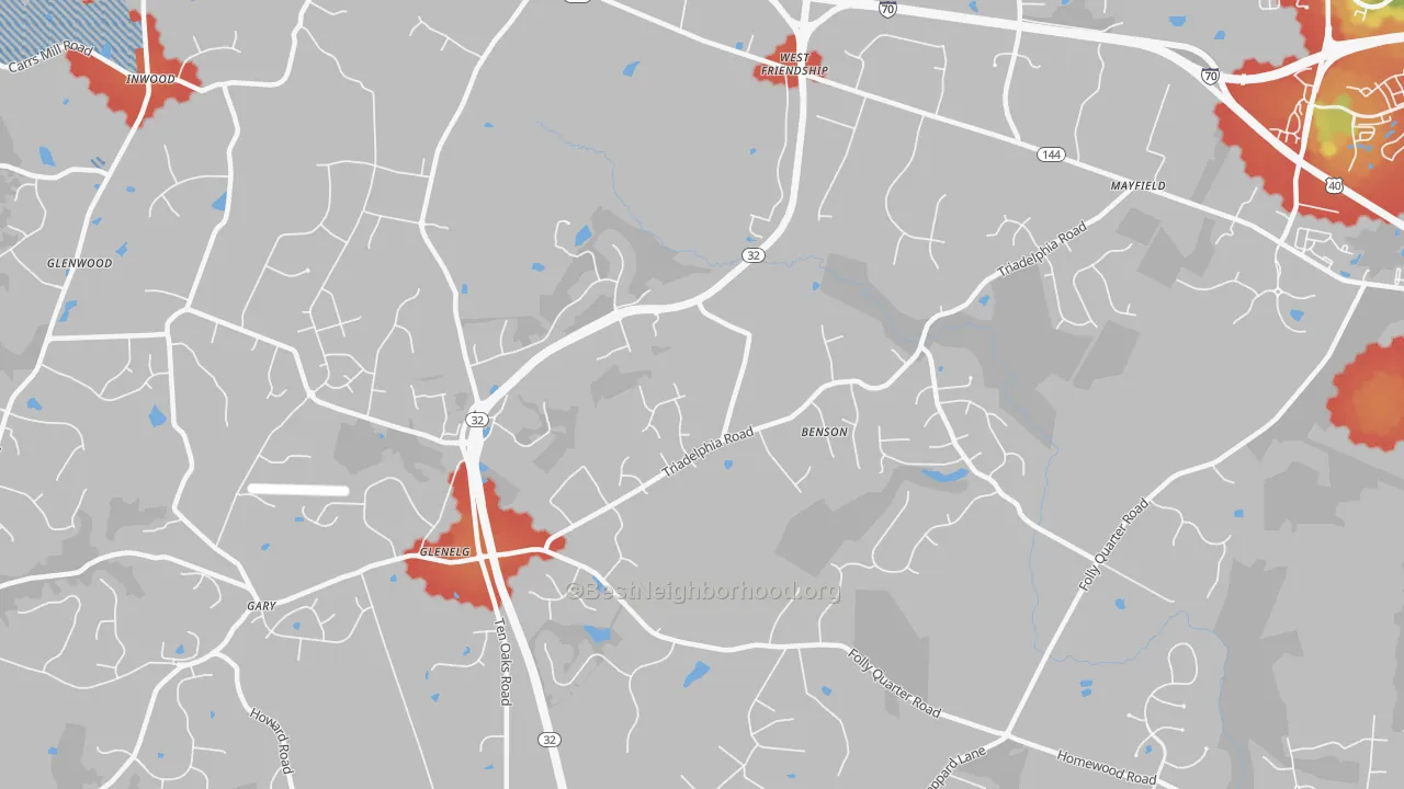 Walk Grade map of West Friendship, MD, walkable areas in green and car-dependent areas in red