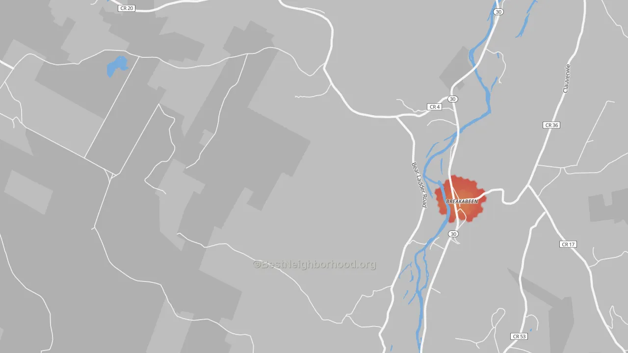 Walk Grade map of West Fulton, NY, walkable areas in green and car-dependent areas in red