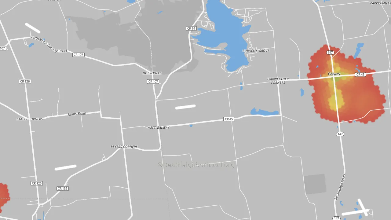 Walk Grade map of West Galway, NY, walkable areas in green and car-dependent areas in red
