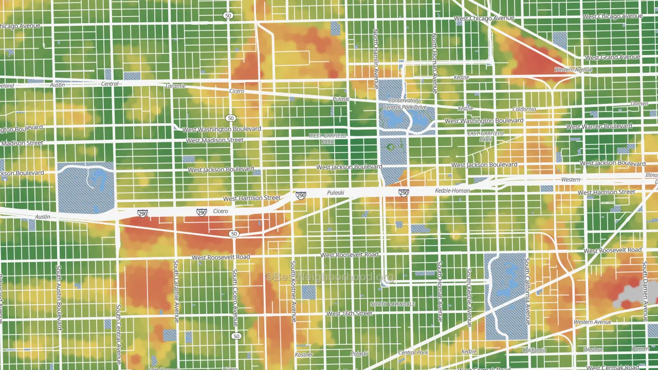 Walk Grade map of West Garfield Park, Chicago, IL, walkable areas in green and car-dependent areas in red