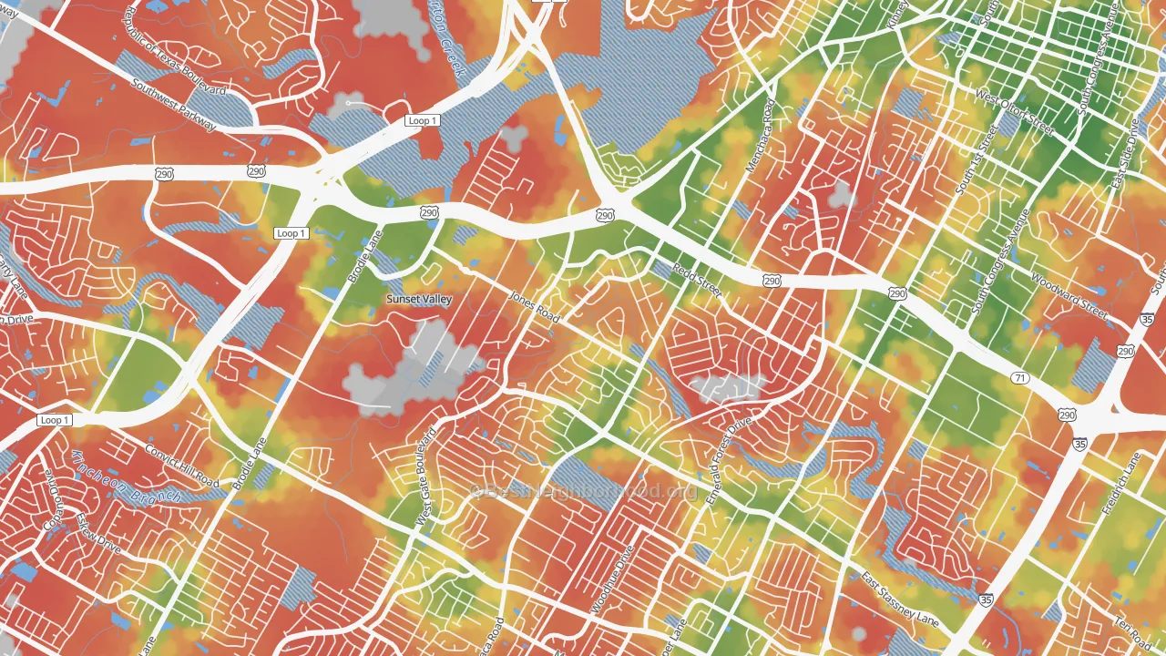 Walk Grade map of West Gate, Austin, TX, walkable areas in green and car-dependent areas in red