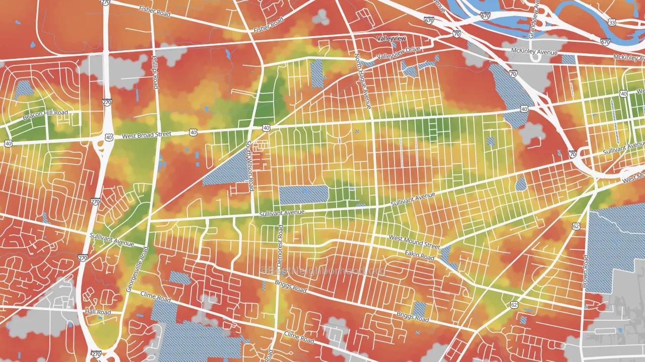 Walk Grade map of West Gate, Columbus, OH, walkable areas in green and car-dependent areas in red