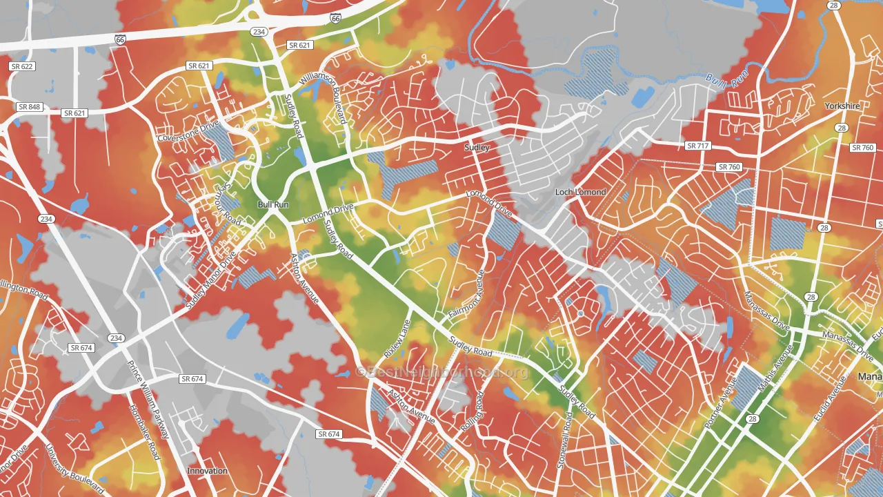 Walk Grade map of West Gate, Sudley, VA, walkable areas in green and car-dependent areas in red