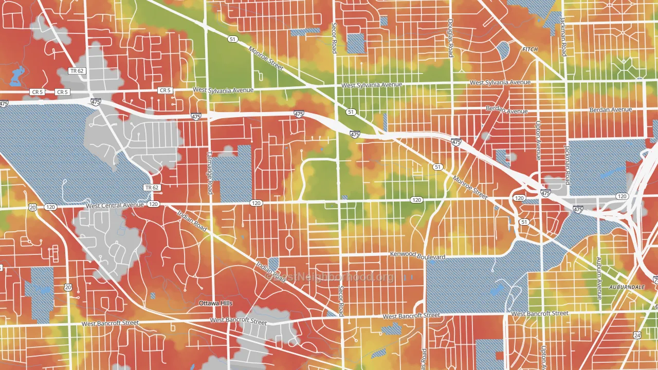 Walk Grade map of West Gate, Toledo, OH, walkable areas in green and car-dependent areas in red
