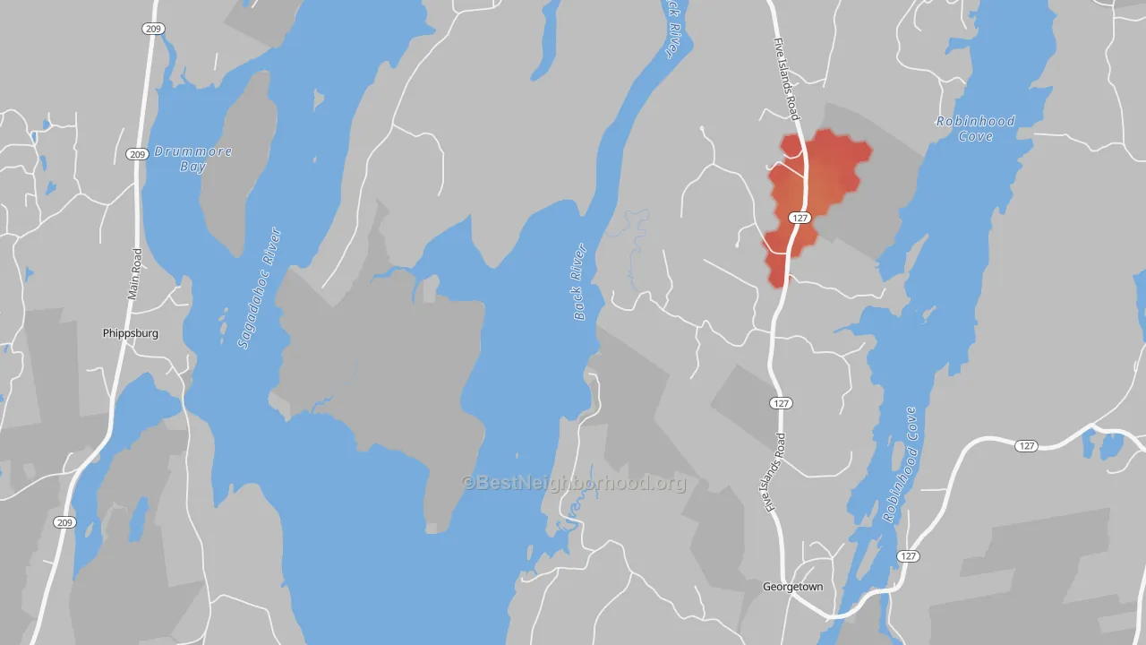 Walk Grade map of West Georgetown, ME, walkable areas in green and car-dependent areas in red