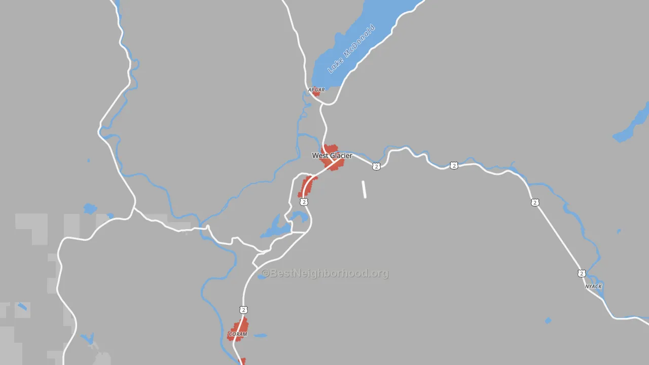 Walk Grade map of West Glacier, MT, walkable areas in green and car-dependent areas in red