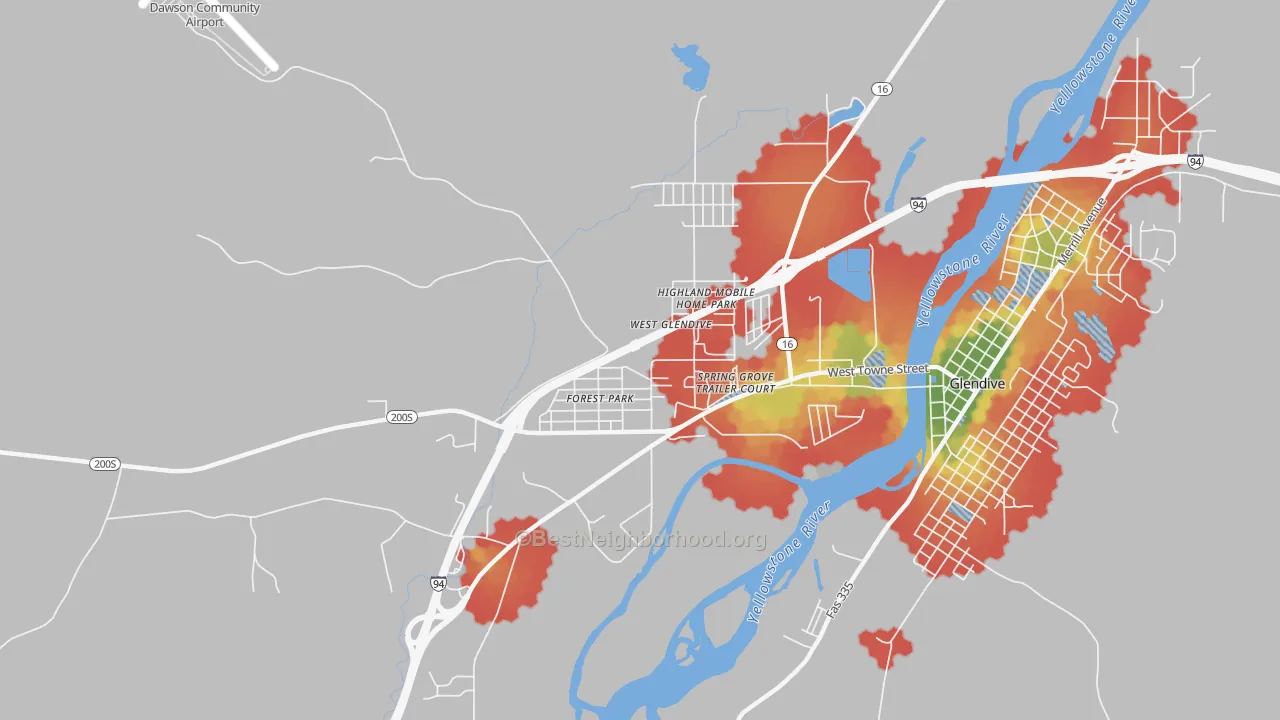 Walk Grade map of West Glendive, MT, walkable areas in green and car-dependent areas in red