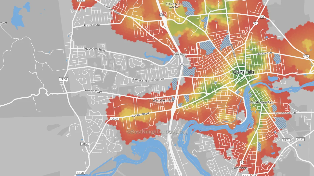 Walk Grade map of West Glens Falls, NY, walkable areas in green and car-dependent areas in red