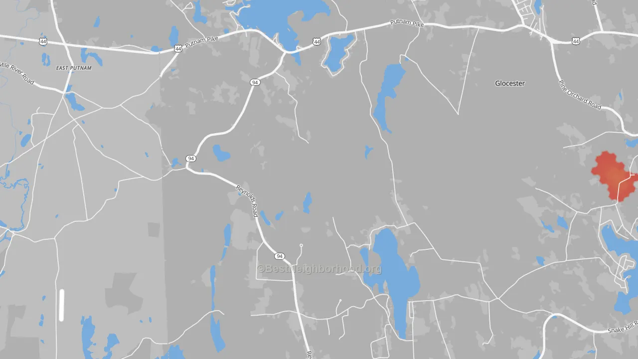 Walk Grade map of West Glocester, RI, walkable areas in green and car-dependent areas in red
