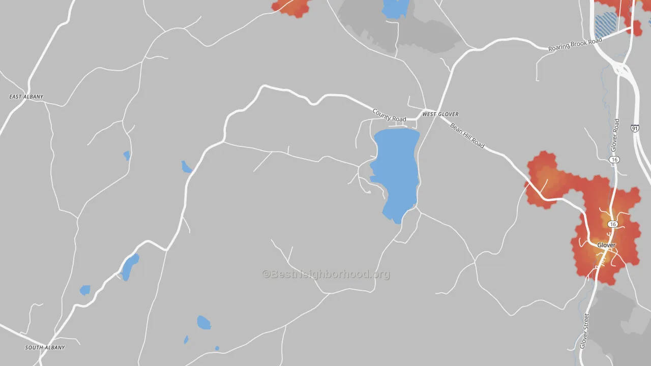 Walk Grade map of West Glover, VT, walkable areas in green and car-dependent areas in red