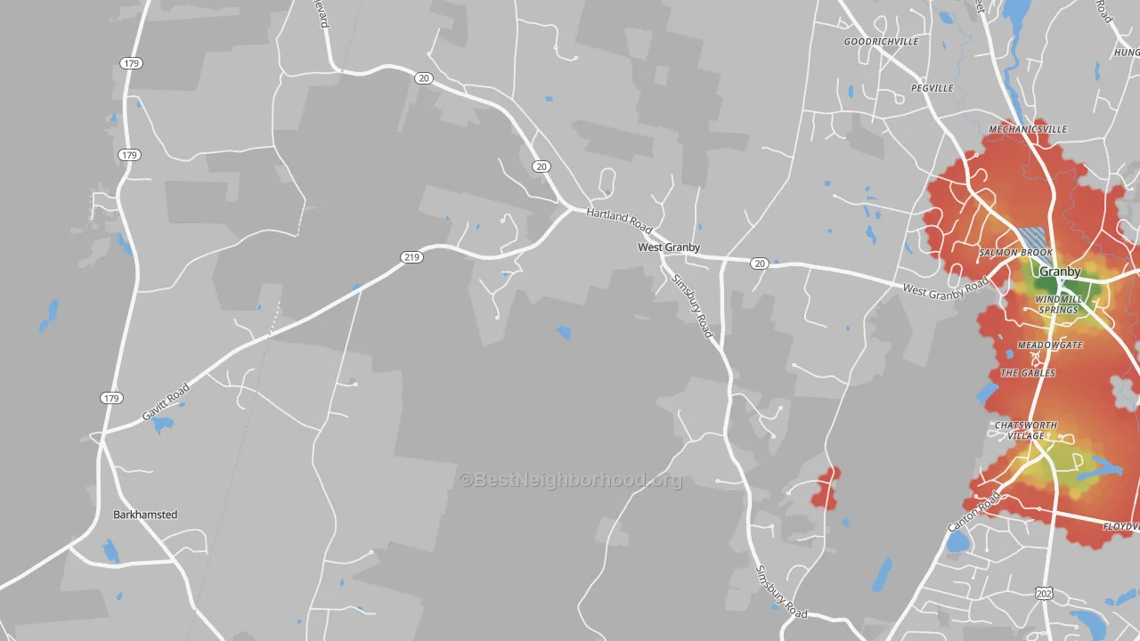 Walk Grade map of West Granby, CT, walkable areas in green and car-dependent areas in red