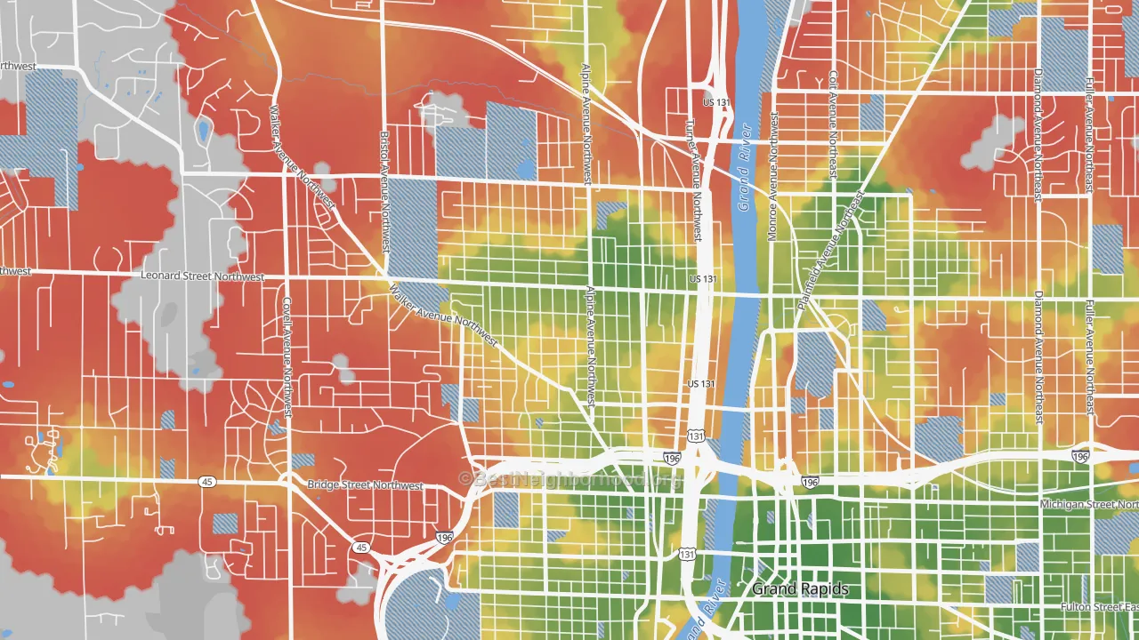 Walk Grade map of West Grand, Grand Rapids, MI, walkable areas in green and car-dependent areas in red