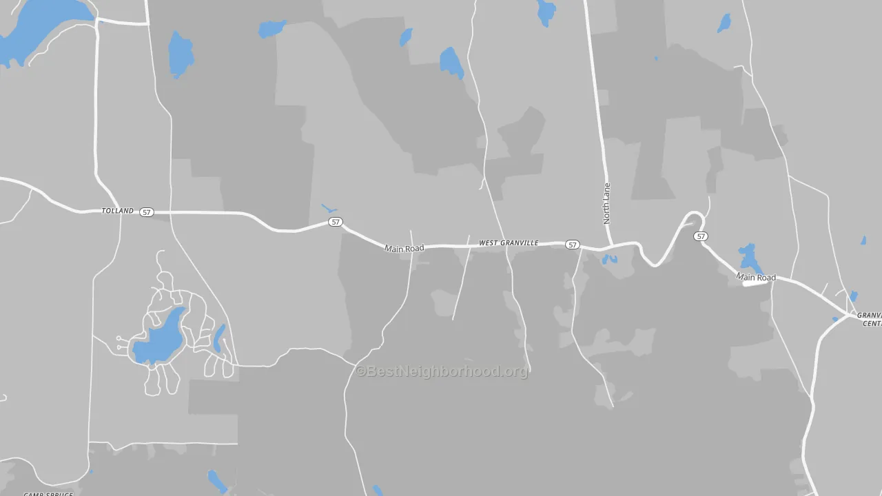 Walk Grade map of West Granville, MA, walkable areas in green and car-dependent areas in red