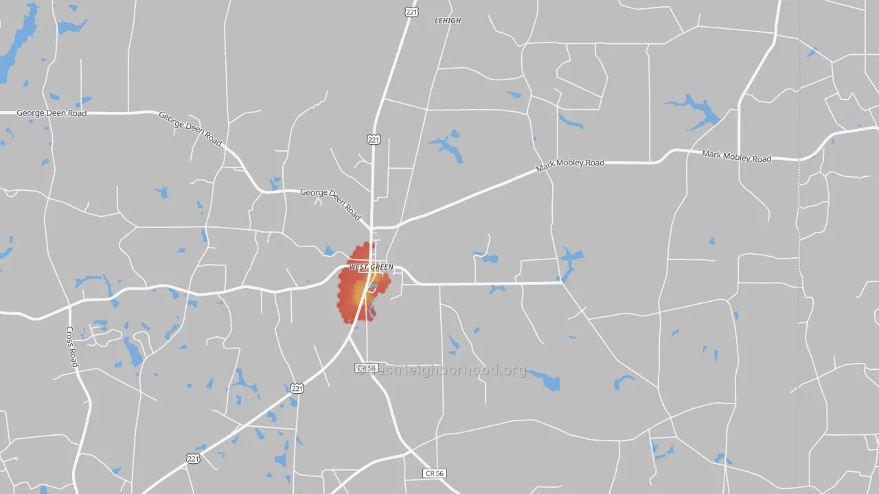 Walk Grade map of West Green, GA, walkable areas in green and car-dependent areas in red