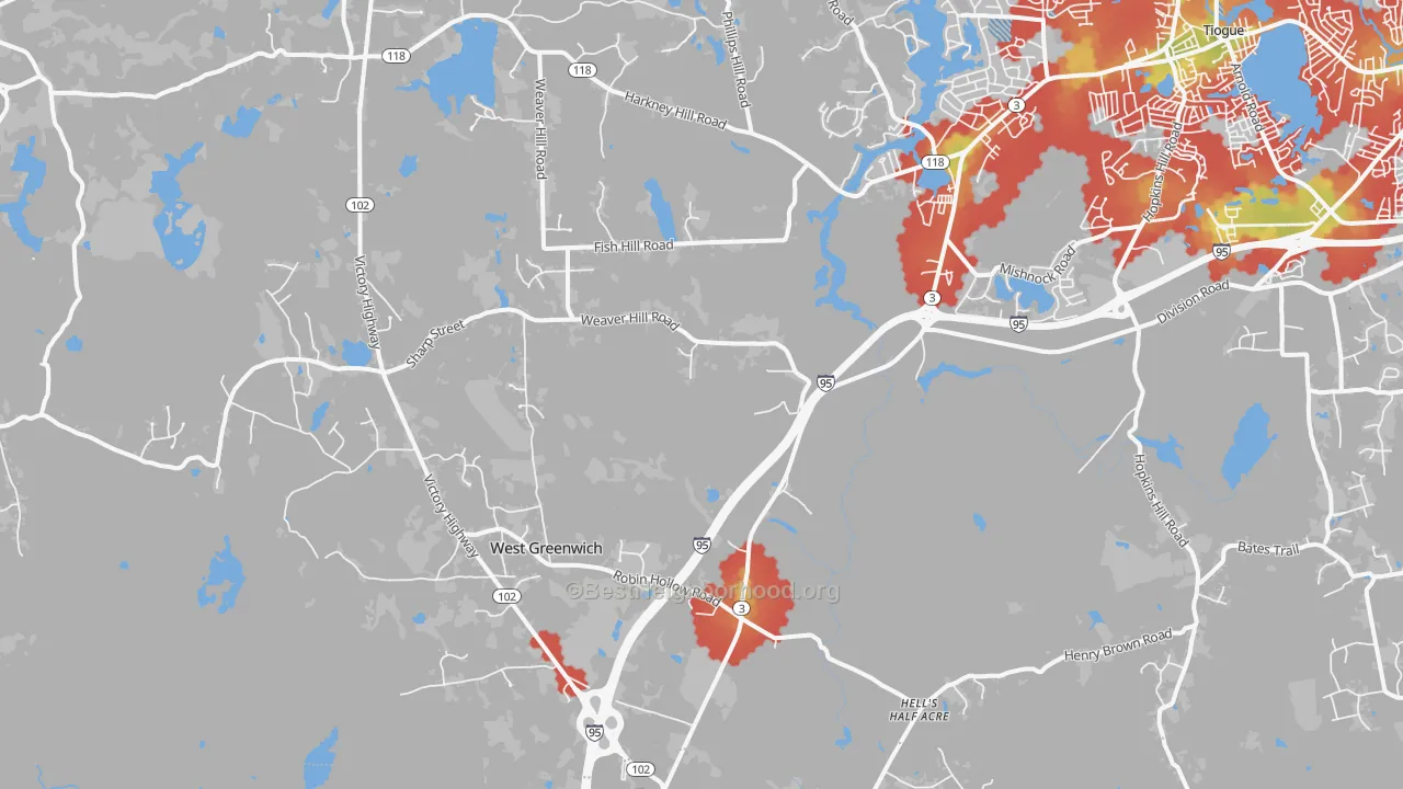 Walk Grade map of West Greenwich, RI, walkable areas in green and car-dependent areas in red