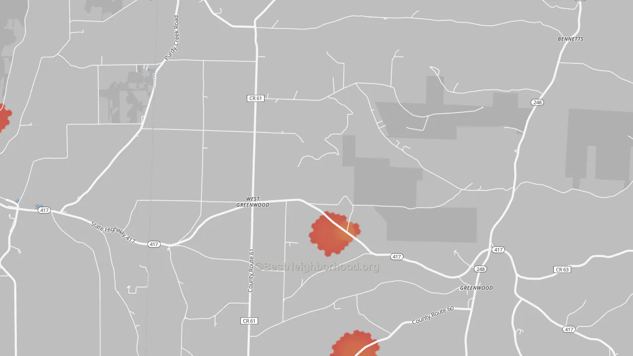 Walk Grade map of West Greenwood, NY, walkable areas in green and car-dependent areas in red