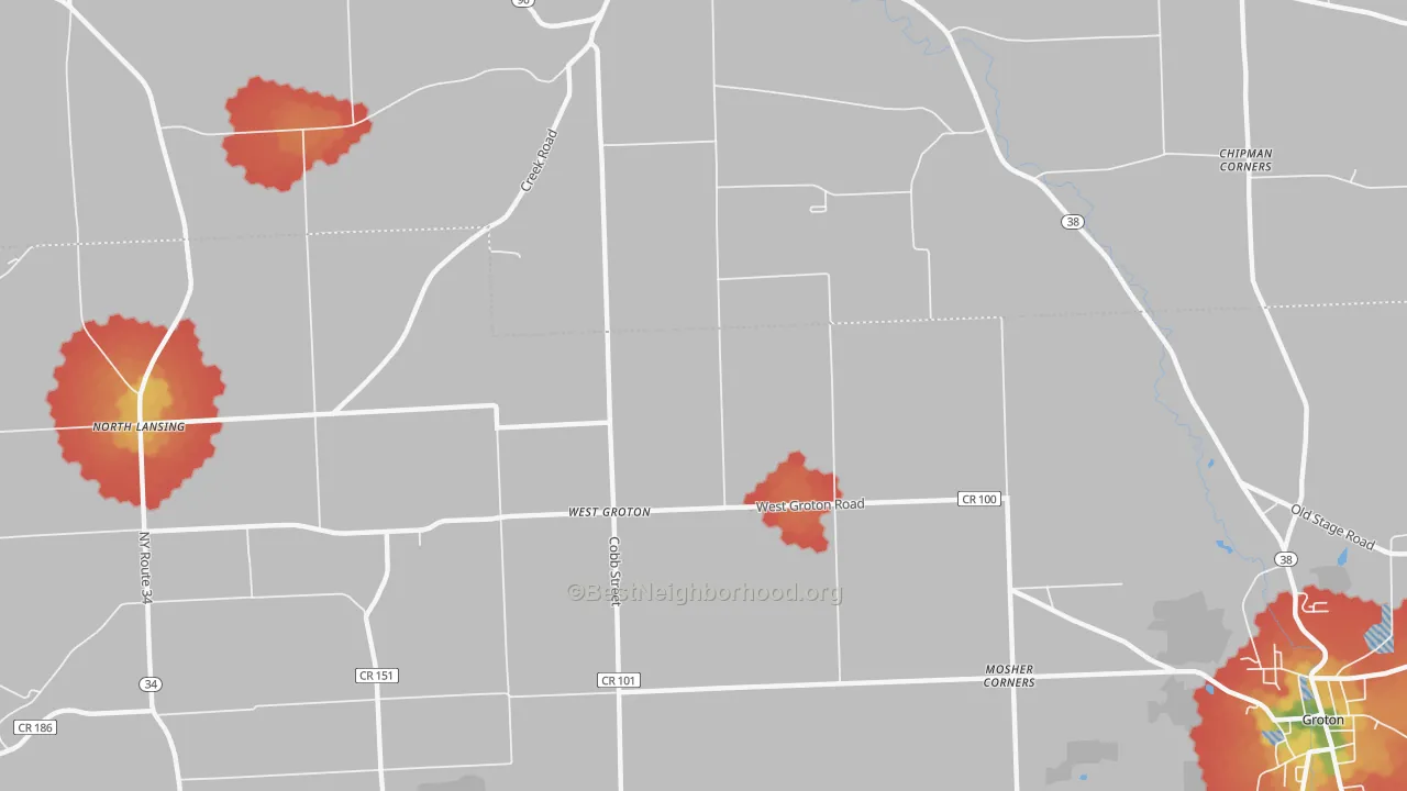 Walk Grade map of West Groton, NY, walkable areas in green and car-dependent areas in red