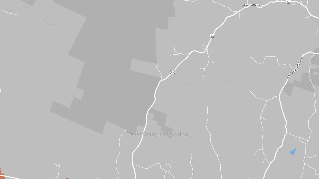 Walk Grade map of West Groton, VT, walkable areas in green and car-dependent areas in red
