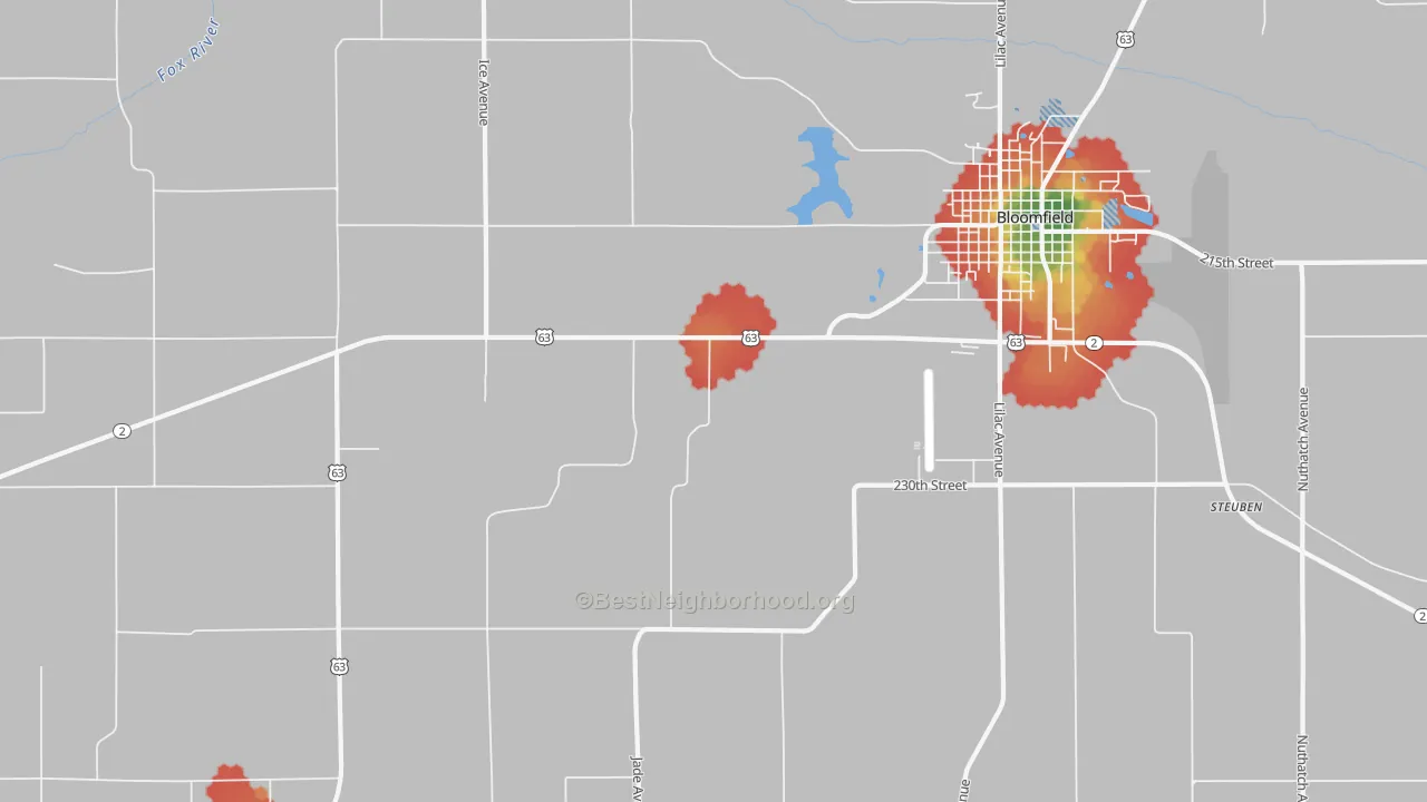 Walk Grade map of West Grove, IA, walkable areas in green and car-dependent areas in red