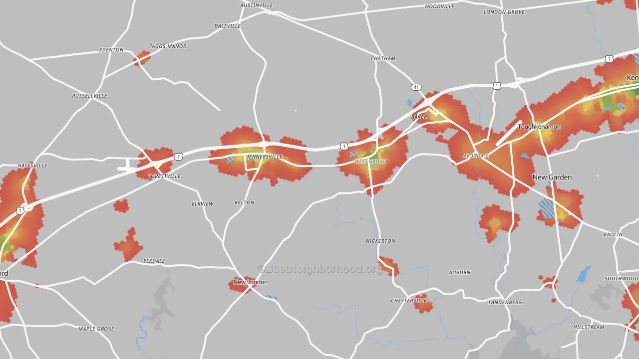 Walk Grade map of West Grove, PA, walkable areas in green and car-dependent areas in red
