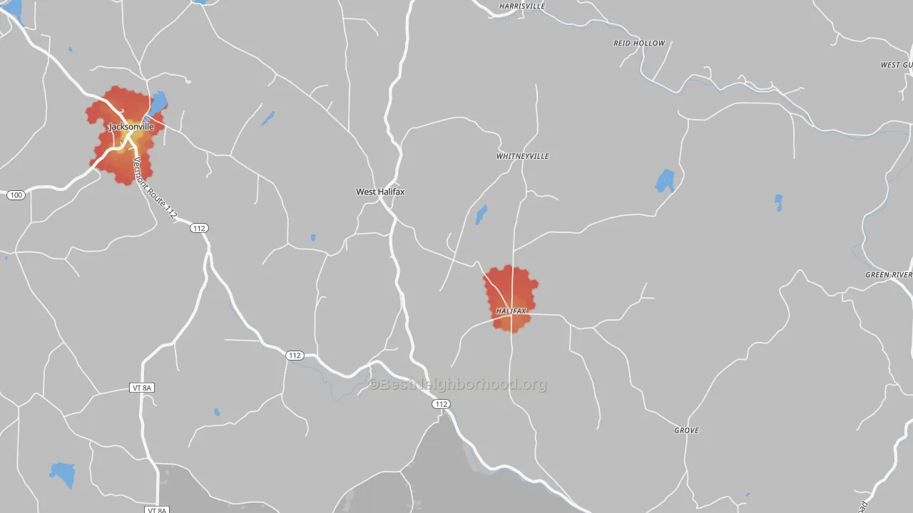 Walk Grade map of West Halifax, VT, walkable areas in green and car-dependent areas in red