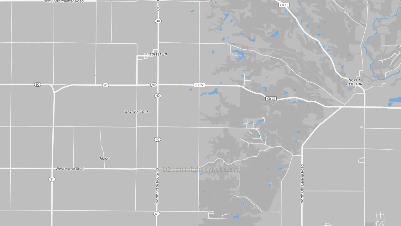 Walk Grade map of West Hallock, IL, walkable areas in green and car-dependent areas in red