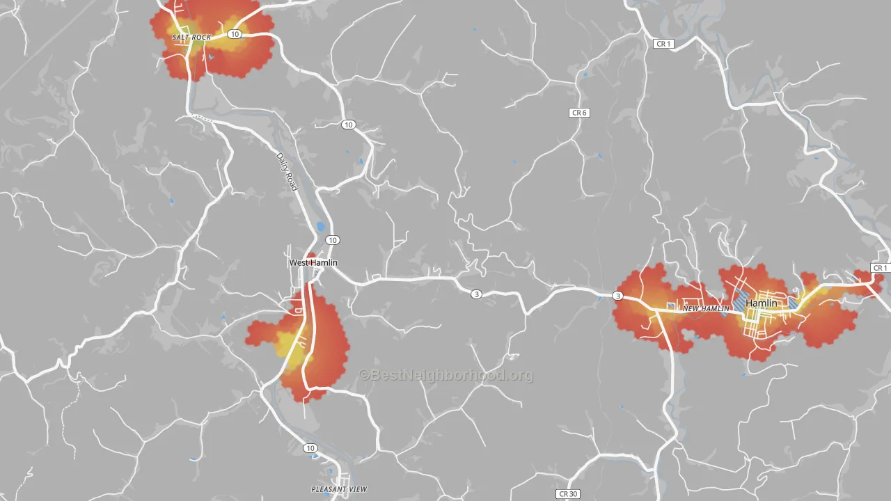 Walk Grade map of West Hamlin, WV, walkable areas in green and car-dependent areas in red