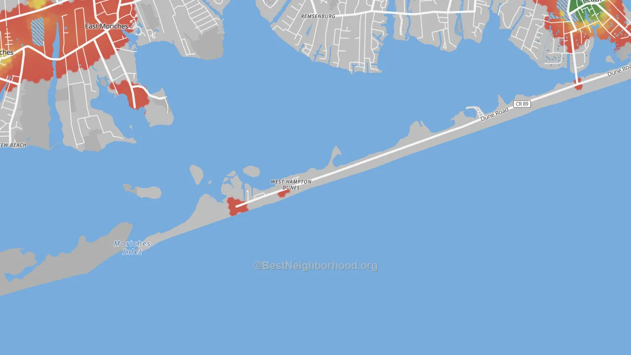 Walk Grade map of West Hampton Dunes, NY, walkable areas in green and car-dependent areas in red