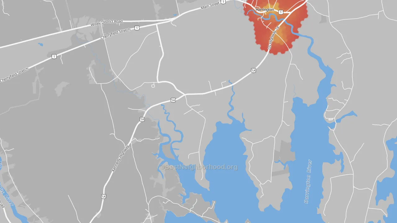 Walk Grade map of West Harrington, ME, walkable areas in green and car-dependent areas in red