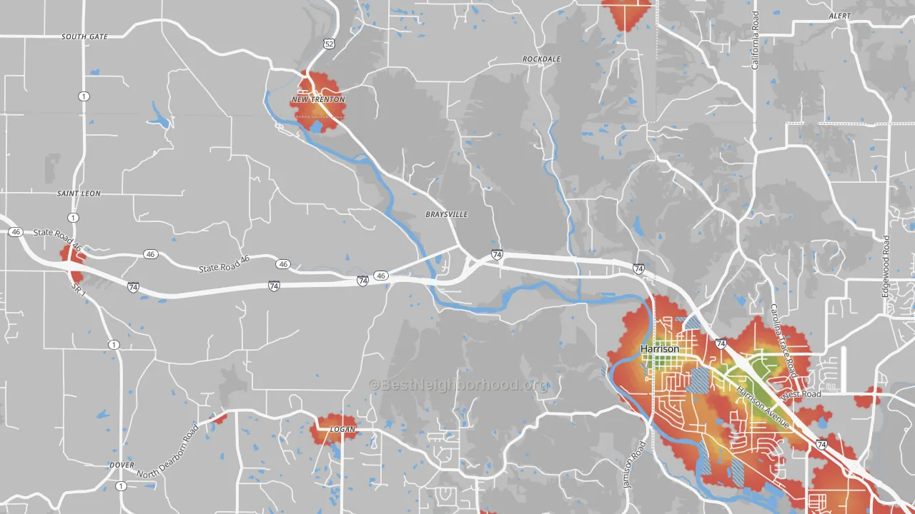 Walk Grade map of West Harrison, IN, walkable areas in green and car-dependent areas in red