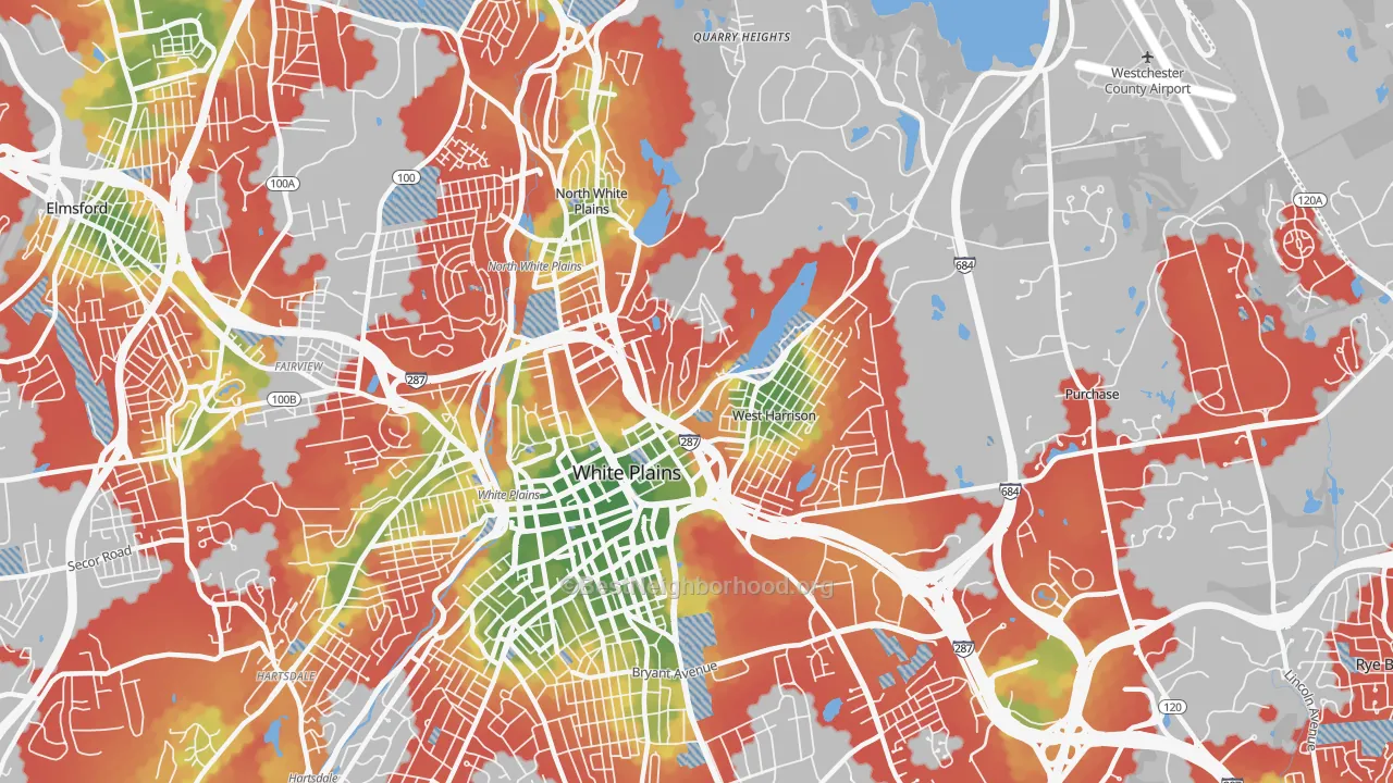 Walk Grade map of West Harrison, NY, walkable areas in green and car-dependent areas in red