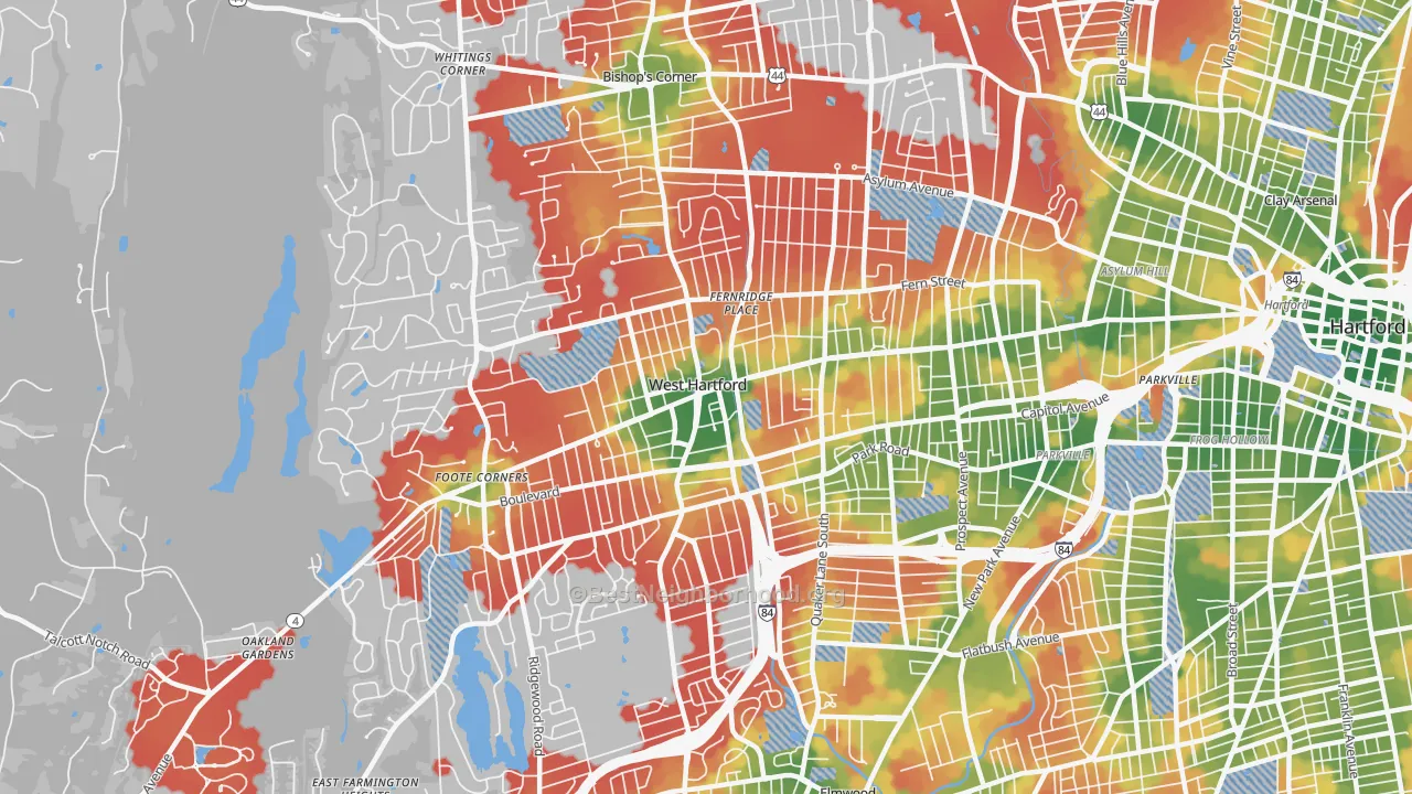 Walk Grade map of West Hartford, CT, walkable areas in green and car-dependent areas in red